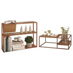 Conjunto Mesa de Centro e Mesa Lateral com Revisteiro Steel Quadra Vermont Base Cobre - Artesano - 1