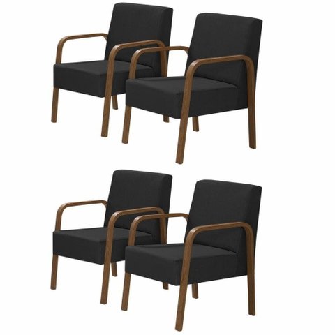 Kit 4 Poltronas 1 Lugar Luna Pé Madeira Suede Preto