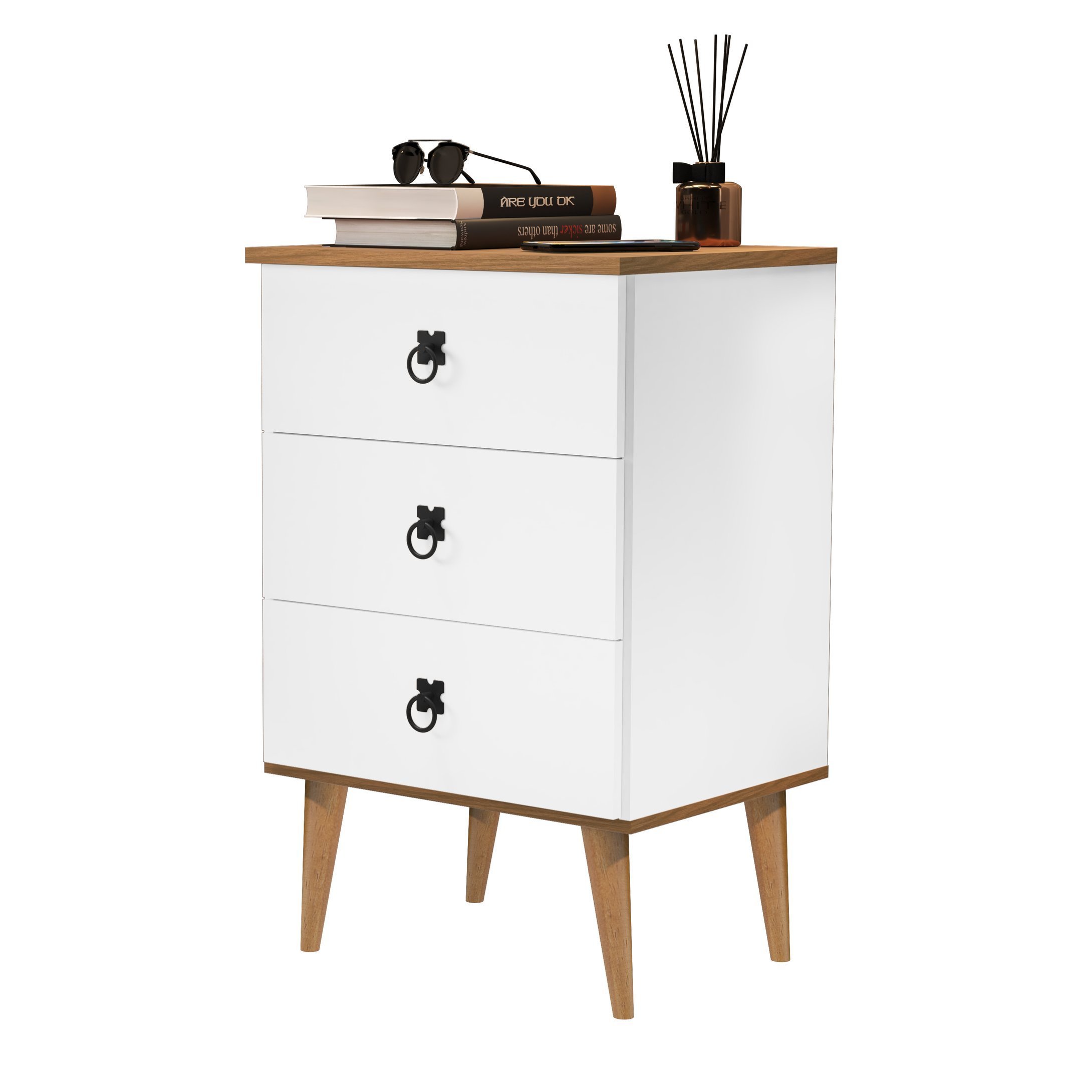 Mesa De Cabeceira Madri 3 Gavetas: Branco / Freijó