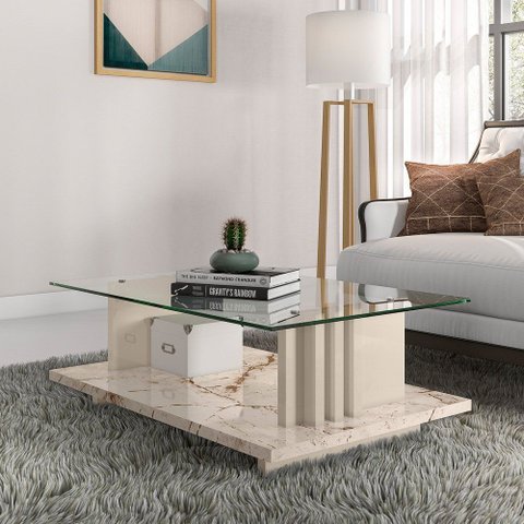 Mesa de Centro com Vidro Frizz - 7 Decor Calacata e Off White