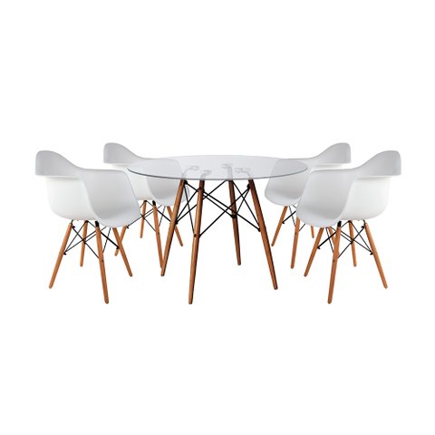 Mesa Sala de Jantar Eiffel Eames Redonda Vidro 90cm com 4 Poltronas Brancas Base Madeira Maciça