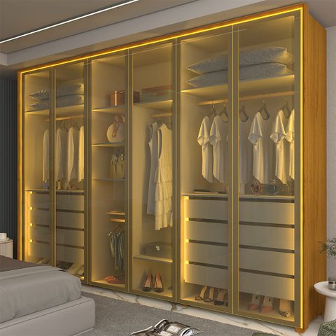 Guarda Roupa Splendor 6 Portas Reflecta LED Naturale - Gelius