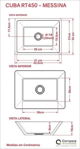Cuba Pia De Apoio Para Banheiro Retangular Messina RT45 Preto C08 - Mpozenato - 3