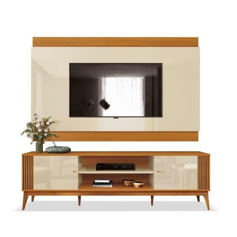 Rack + Painel LEG 2,00m Modelo Retrô com Pés em Madeira Maciça Puxdores em Cava para TV Até 75'' Aca