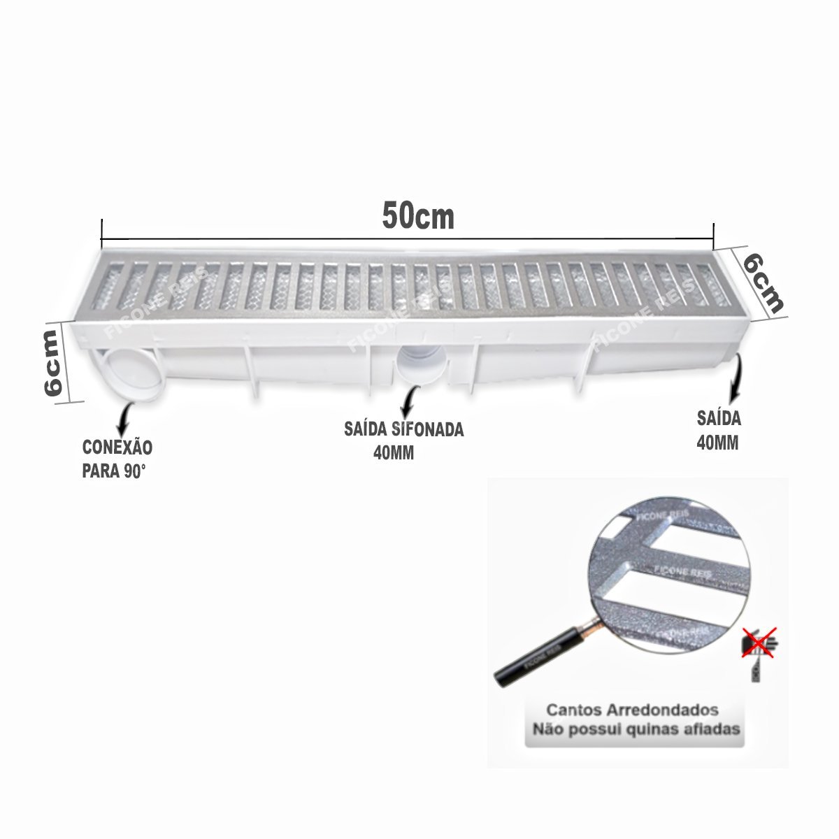 Ralo Linear 6x50 Alumínio com Tela Coletor Branco Sequencial Saídas de 40mm Borda Piscina - 6