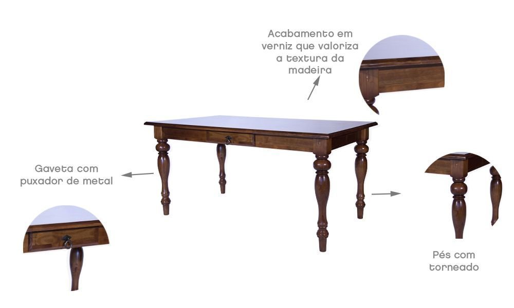 Mesa de Jantar Wood com Gaveta e Pés Torneados:comp 140 X Alt 80 X Larg 80/marrom - 4