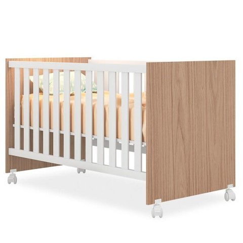 Berço Que Vira Mini Cama Doce Sonho com Rodizios Carvalho/Branco - Qmovi