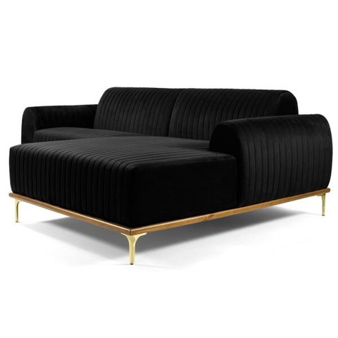 Sofá 3,20M 5 Lugares com Chaise Direito Pés Gold Molino B-300 Veludo Preto - Domi