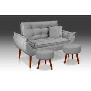 Kit Namoradeira+ 2 Puff Redondo+ 2 Almofadas Suede Cinza Claro-Rv Decora