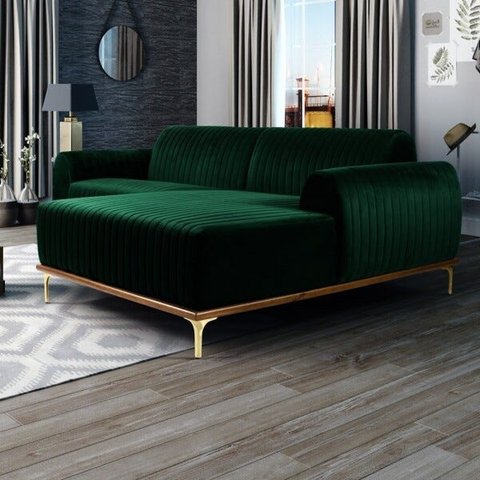 Sofá 3,00M 5 Lugares com Chaise Direito Pés Gold Molino B-303 Veludo Verde Musgo - Domi