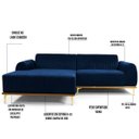 Ver imagem 5 de Sofá 2,65M 4 Lugares com Chaise Esquerdo Pés Gold Molino B-304 Veludo Azul Marinho - Domi