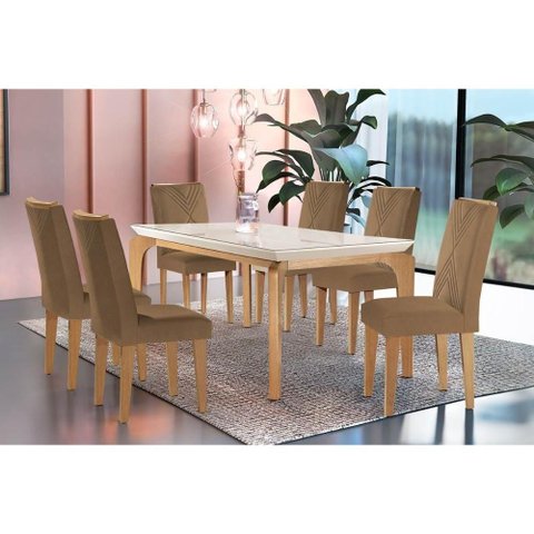 Sala de Jantar Completa Londrina C- Tampo Madeirado Vidro Canto Reto 180x90cm e 6 Cadeiras Amsterd