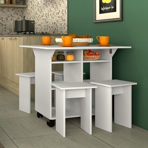 Conjunto de Mesa com Tampo Dobrável e Bancos - Branco