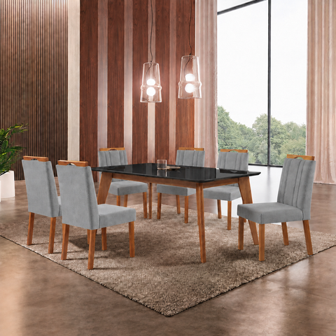 Conjunto Sala de Jantar Mesa Paris Madeira Maciça 180x90cm Tampo Retângular Vidro Preto com 6 Cadeir