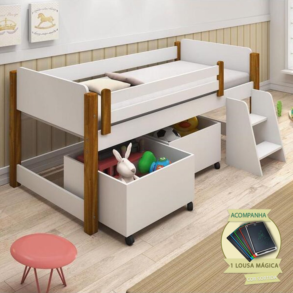 Cama Naty Design Infantil com Nichos Solteiro - Branco/amêndoa Incluso Lousa Mágica