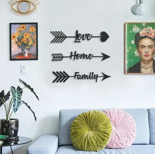 Paineis decorativos setas love home family mdf preto 3pçs - 3
