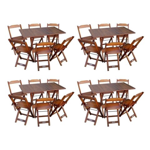 Kit 4 Conjuntos de Mesa Dobráveis de Madeira 70x110cm com 6 Cadeiras Imbuia - Cor: Marrom