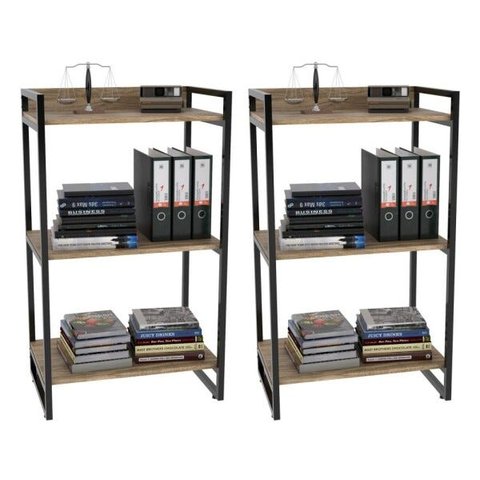 Kit 2 Estantes Livreiro Multiuso Prisma Estilo Industrial 60cm 3 Prateleiras C08 Carvalho -