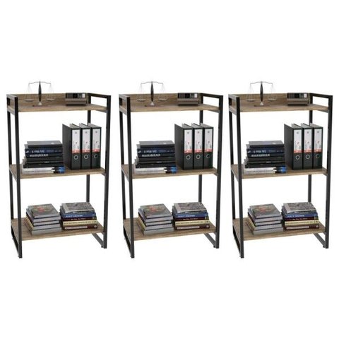 Kit 3 Estantes Livreiro Multiuso Prisma Estilo Industrial 60cm 3 Prateleiras C08 Carvalho -