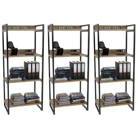 Kit 3 Estante Livreiro Multiuso Prisma Estilo Industrial 60cm 4 Prateleiras C08 Carvalho -