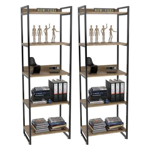 Kit 2 Estantes Livreiro Multiuso Prisma Estilo Industrial 60cm 5 Prateleiras C08 Carvalho -