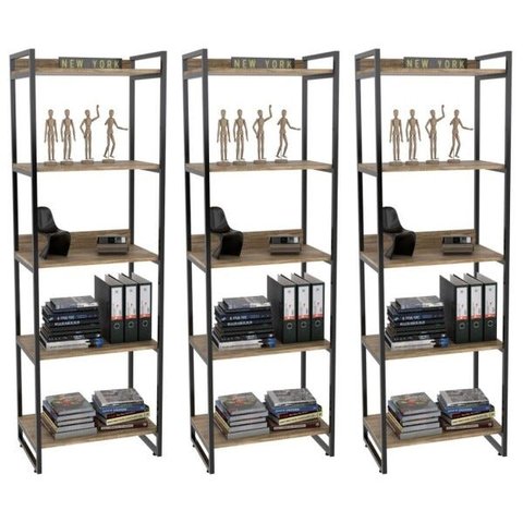Kit 3 Estantes Livreiro Multiuso Prisma Estilo Industrial 60cm 5 Prateleiras C08 Carvalho -