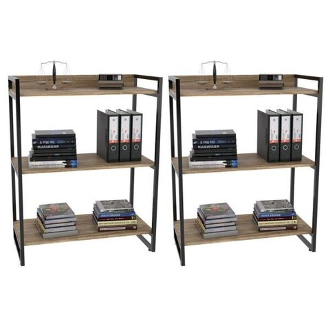 Kit 2 Estantes Livreiro Multiuso Prisma Estilo Industrial 80cm 3 Prateleiras C08 Carvalho -