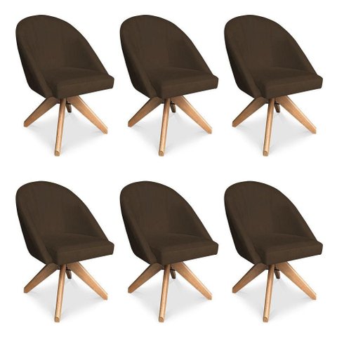 Kit 6 Poltronas Cadeira Giratória Bela Suede Base Madeira Marrom Pallazio