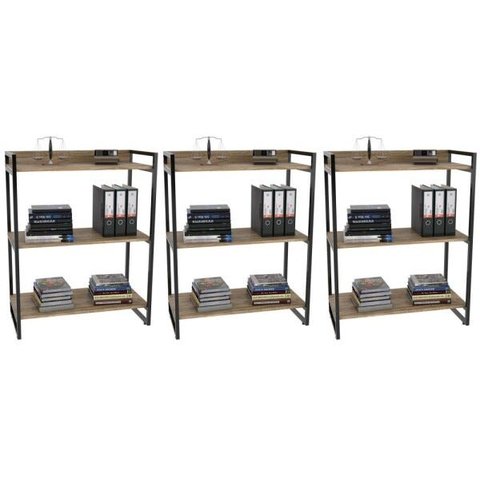 Kit 3 Estantes Livreiro Multiuso Prisma Estilo Industrial 80cm 3 Prateleiras C08 Carvalho -