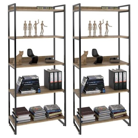 Kit 2 Estantes Livreiro Multiuso Prisma Estilo Industrial 80cm 5 Prateleiras C08 Carvalho -