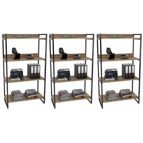 Kit 3 Estantes Livreiro Multiuso Prisma Estilo Industrial 80cm 4 Prateleiras C08 Carvalho -