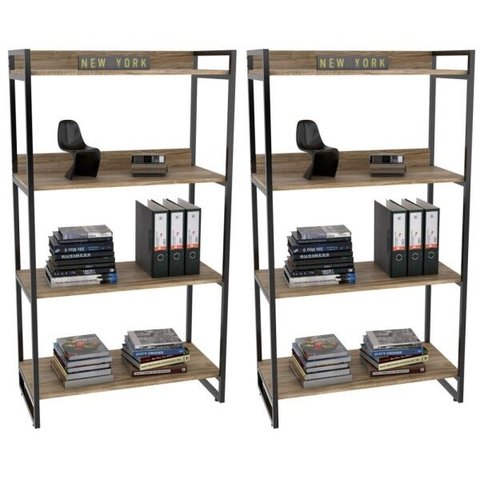 Kit 2 Estantes Livreiro Multiuso Prisma Estilo Industrial 80cm 4 Prateleiras C08 Carvalho -