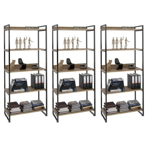Kit 3 Estantes Livreiro Multiuso Prisma Estilo Industrial 80cm 5 Prateleiras C08 Carvalho -