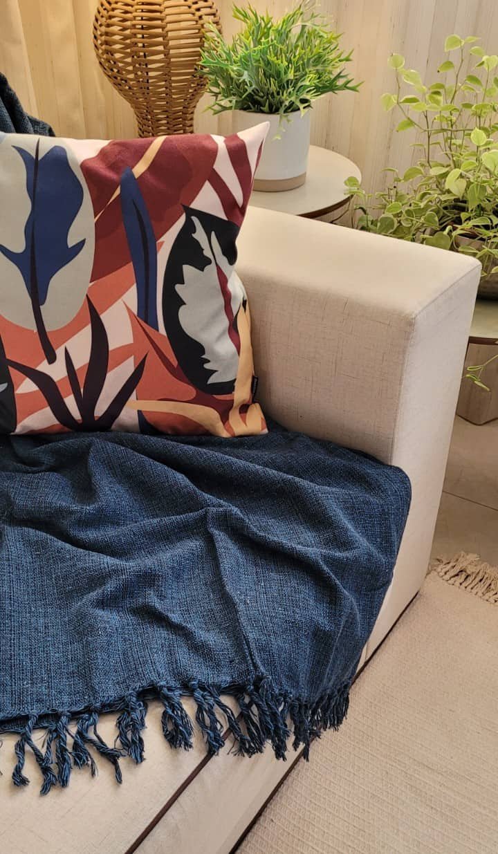 Manta Xale para sofá e cama 1,50x2,20m AZUL MARINHO tear artesanal decorativa protetora