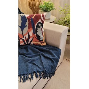 Manta Xale para sofá e cama 1,50x2,20m AZUL MARINHO tear artesanal decorativa protetora