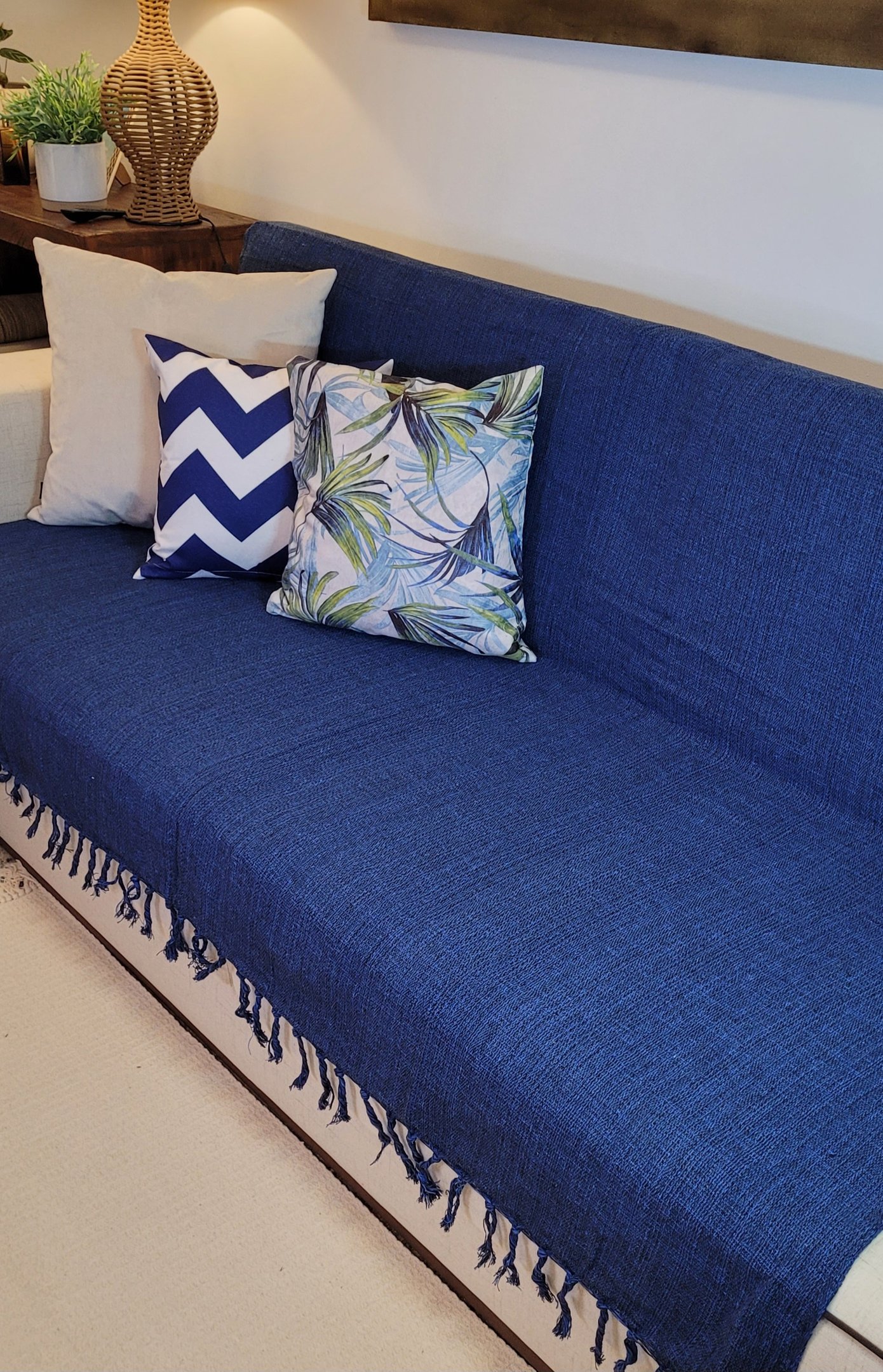 Manta Xale para sofá e cama 1,50x2,20m AZUL MARINHO tear artesanal decorativa protetora - 6