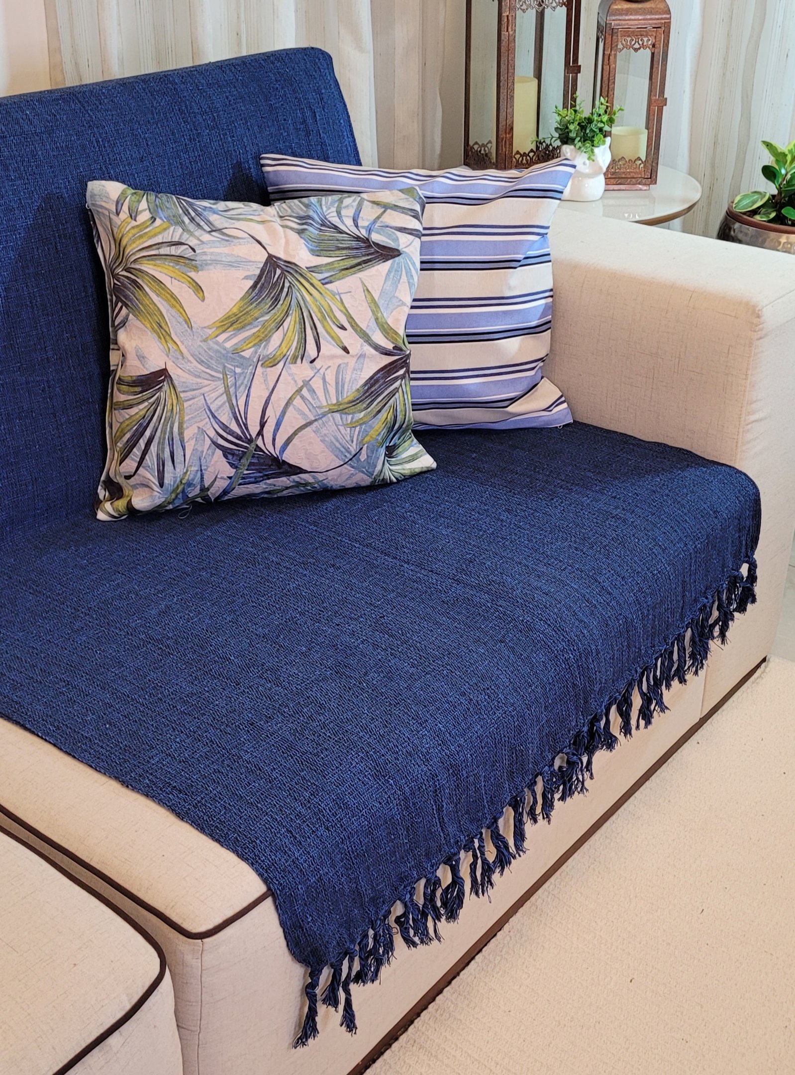 Manta Xale para sofá e cama 1,50x2,20m AZUL MARINHO tear artesanal decorativa protetora - 4