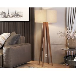 Luminária de Chão Abajur de Piso com Cúpula Quadrada e Pés de Madeira Luxo Palha - 1