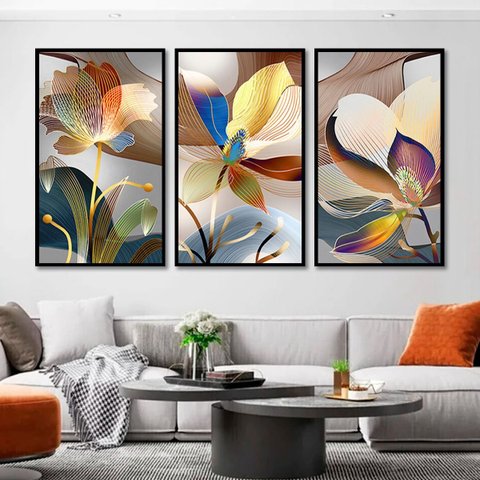 Kit com 3 Quadros Decorativos 30x50 Cm Floral Estilizado Contemporâneo com Moldura Retangular Preta