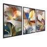 Kit com 3 Quadros Decorativos 30x50 Cm Floral Estilizado Contemporâneo com Moldura Retangular Preta - 3