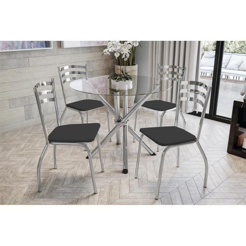 Conjunto: Mesa de Cozinha Volga c/ Tampo de Vidro 95cm + 4 Cadeiras Portugal Cromada - Assento Preto