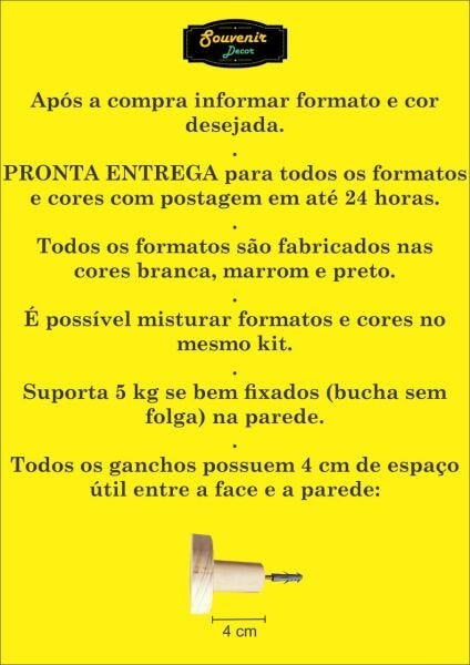 Kit 4 Ganchos De Parede Mdf Laminado Formato Coração - Amarelo - 6