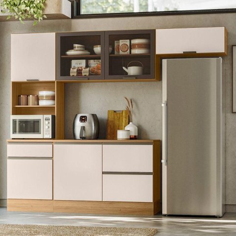 Cozinha Modulada Etna Flex 6 Portas 4 Prateleiras MDP 258cm Carvalho Pallazio