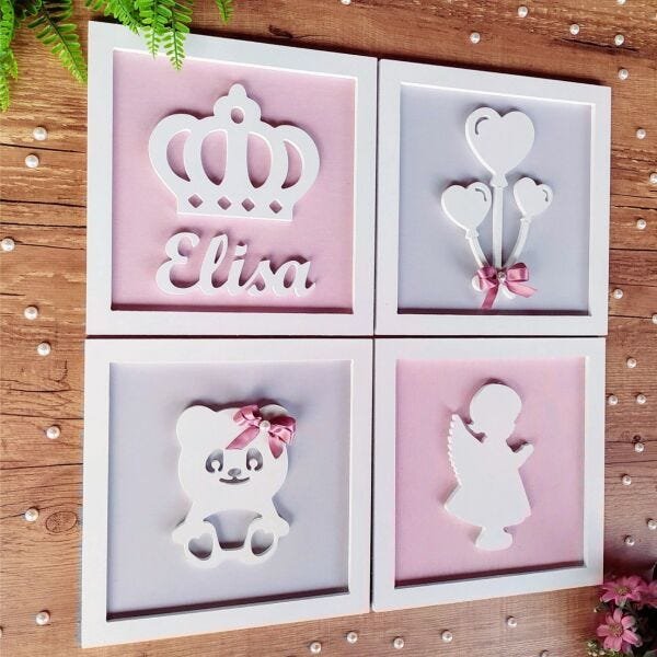 Kit 4 Quadros Menina com figuras e nome em relevo Mdf laminado - 3