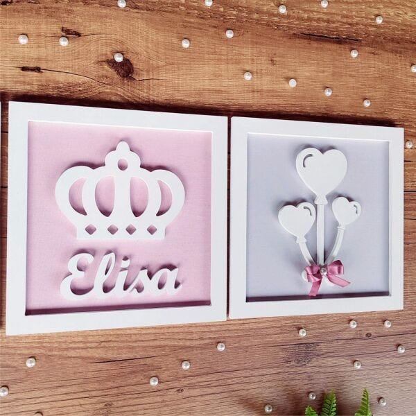 Kit 4 Quadros Menina com figuras e nome em relevo Mdf laminado - 4