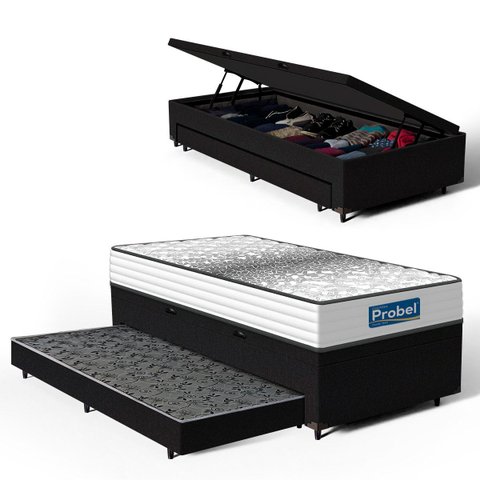 Cama Box Baú com Colchão de Molas Ensacadas Double Face Essence Probel + Auxiliar Solteiro 88cm