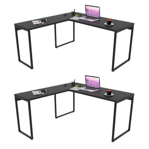 Kit 2 Mesas de Escritório Office em L 150x150cm Estilo Industrial Prisma C08 Preto Onix