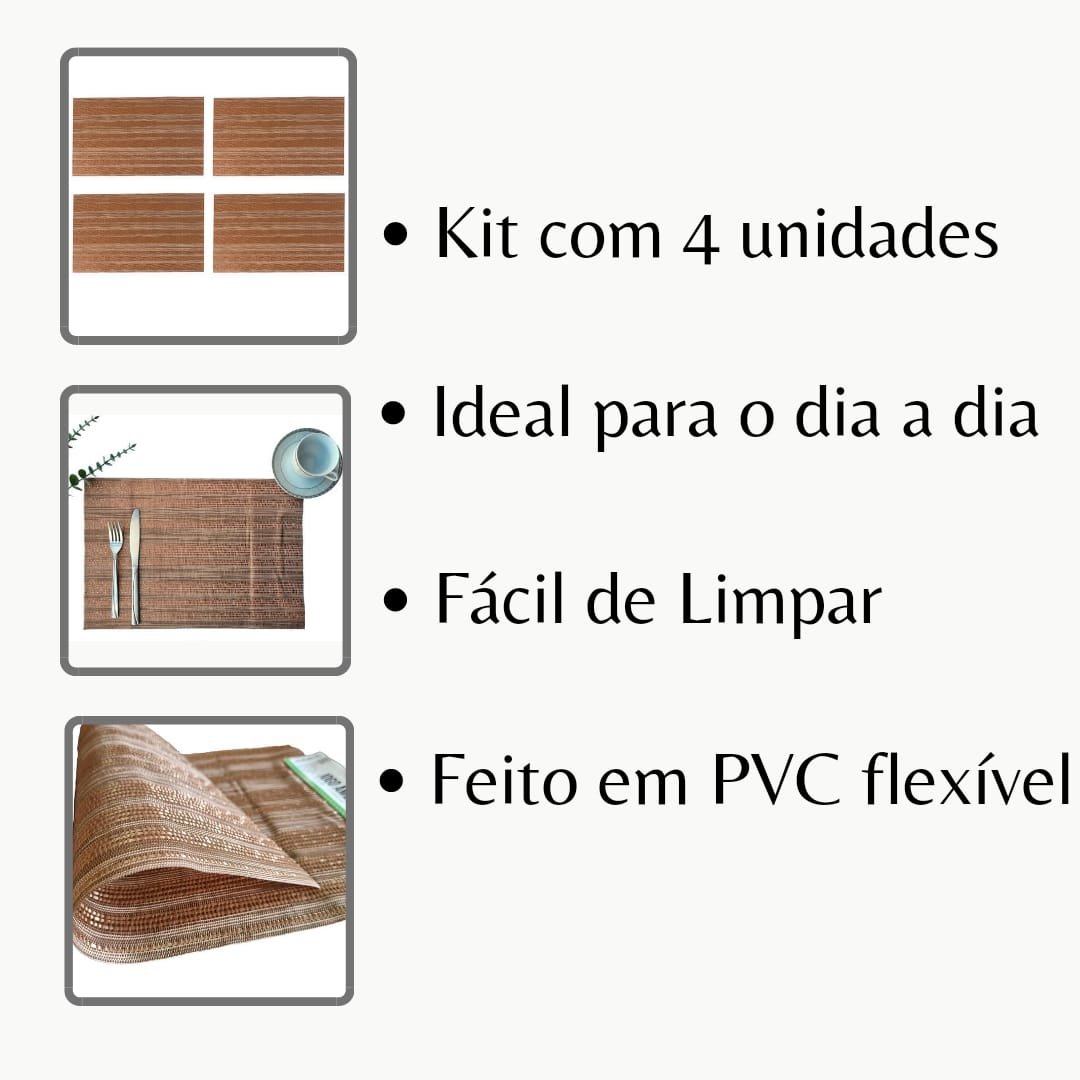 Jogo Americano Retangular Pvc Plástico Mesa - Kit 4 Peças Dourado - 6