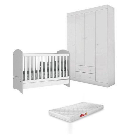 Roupeiro Maria MDP 4 Portas Branco + Berço Mini Cama Pirulito c/ Colchão