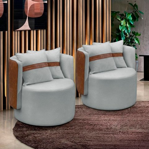 Kit 2 Poltrona Orgânica Maya Corino Nozes e Boucle Cinza Redonda Decorativa - Arkell